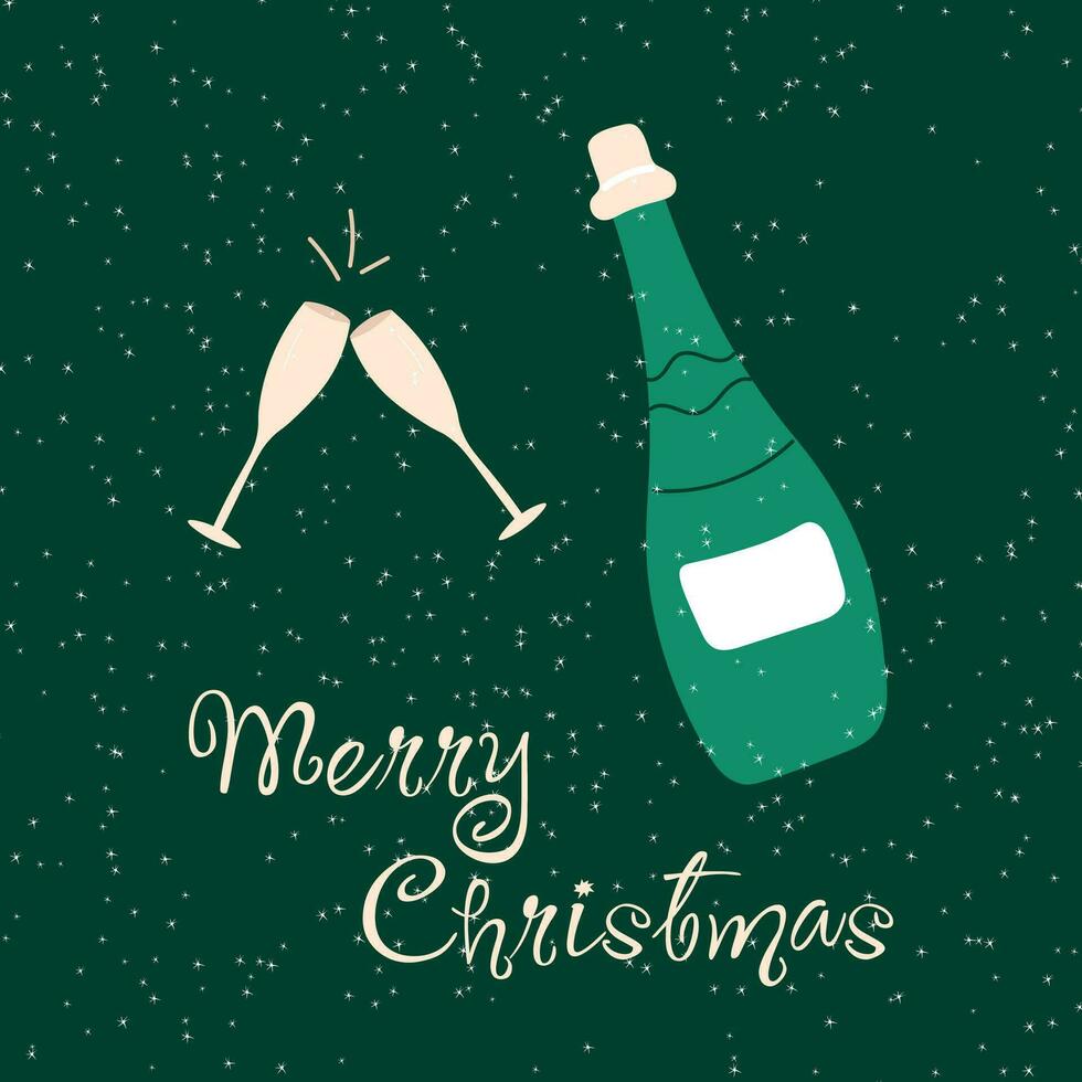 Christmas card with a bottle of champagne and a couple of glasses on a dark green background and snowflakes vector