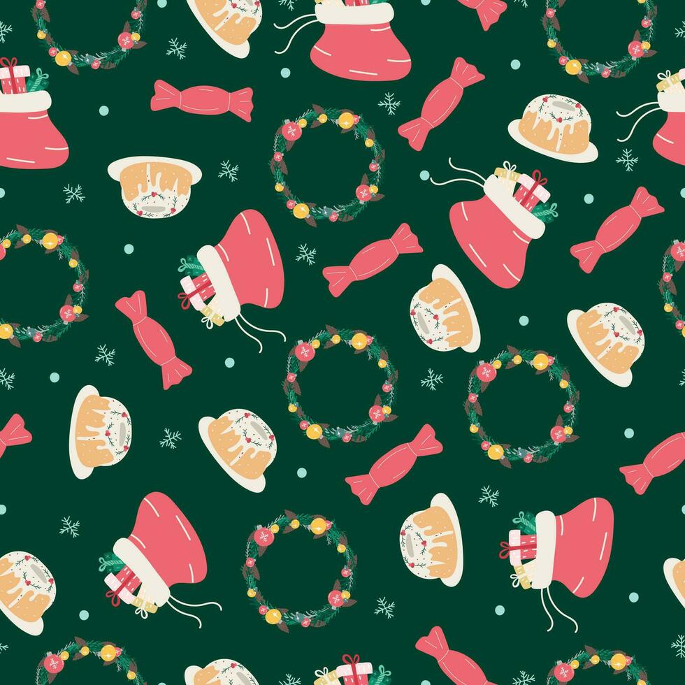 Christmas seamless pattern with Christmas wreaths, Christmas cupcakes, gift bag and candy on a green background. vector