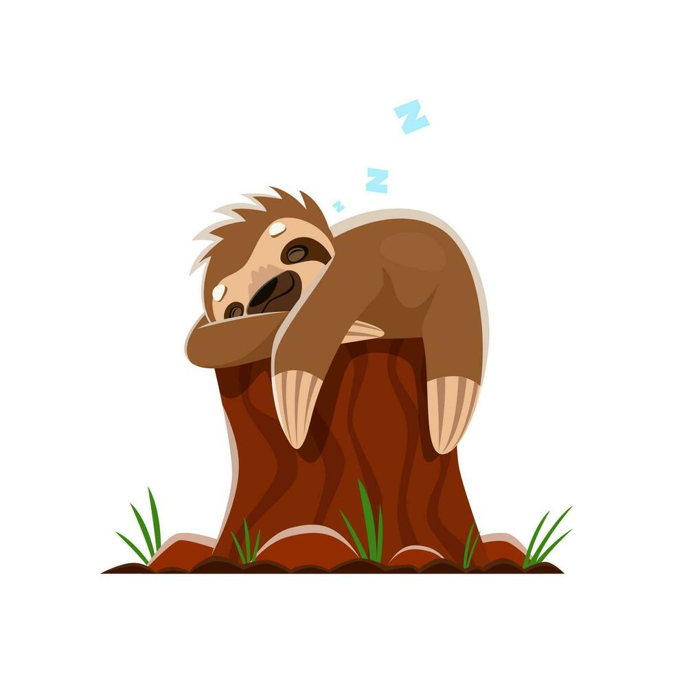 Cartoon sloth character sleep on a tree stump vector