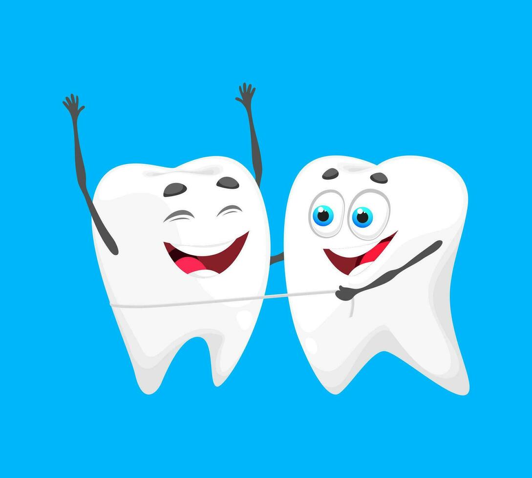 Cartoon tooth characters with dental floss vector