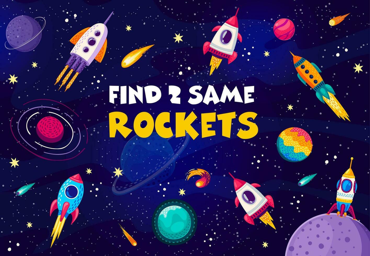 Find two same space rockets on galaxy landscape vector