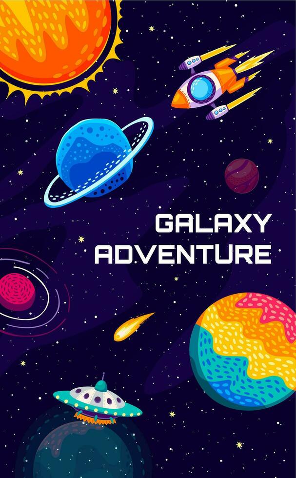 Galaxy adventure banner with flying UFO spaceship vector