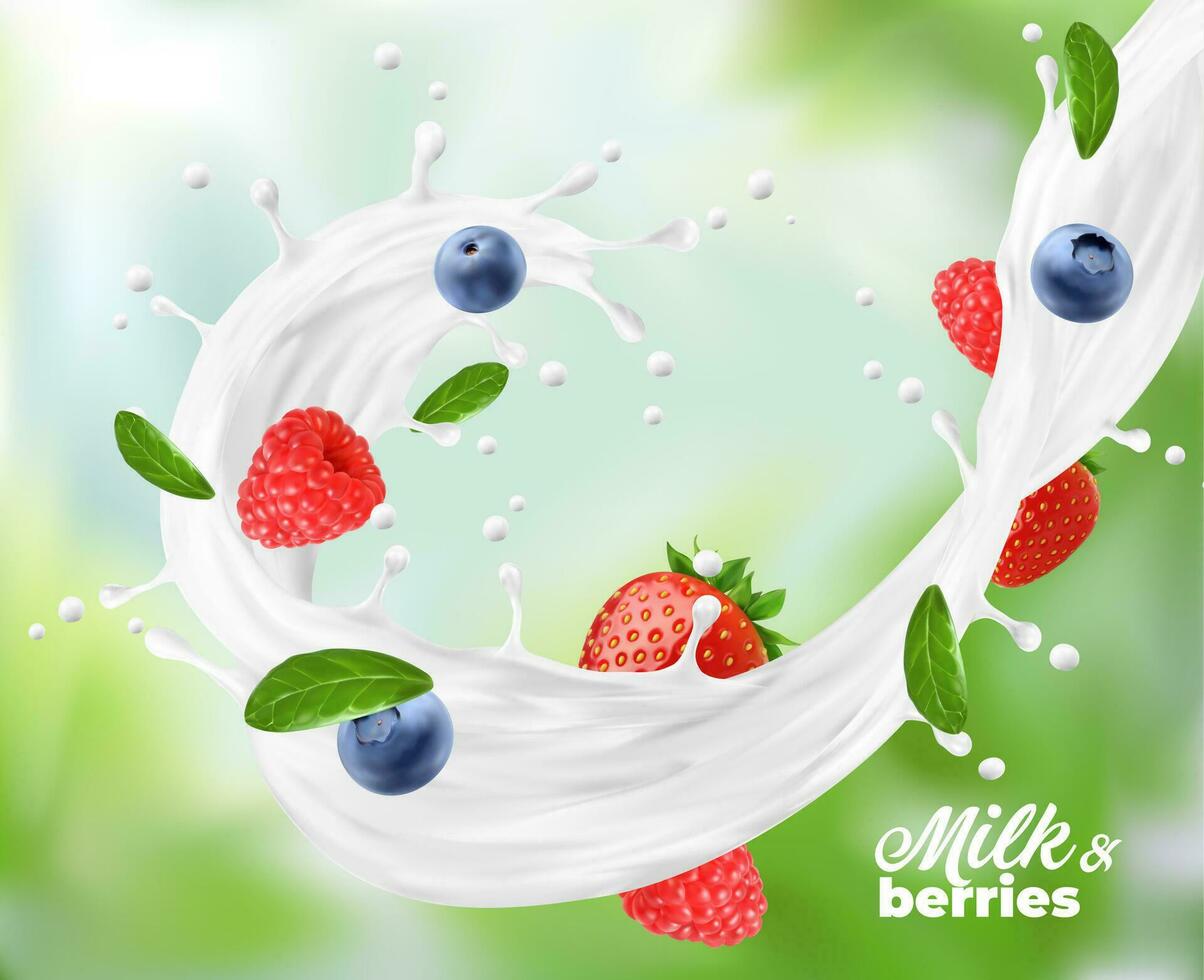 Milk cream or yoghurt splash with wild berries vector