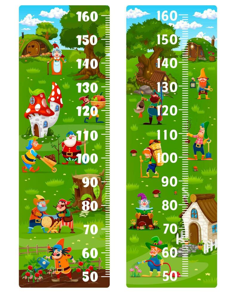Kids height chart ruler, fairytail gnomes village vector