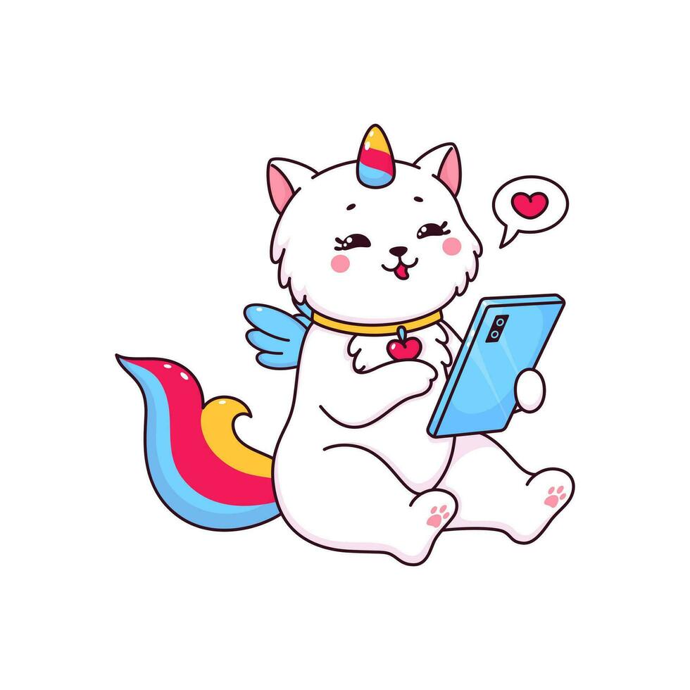 Cartoon caticorn cat character with mobile phone vector