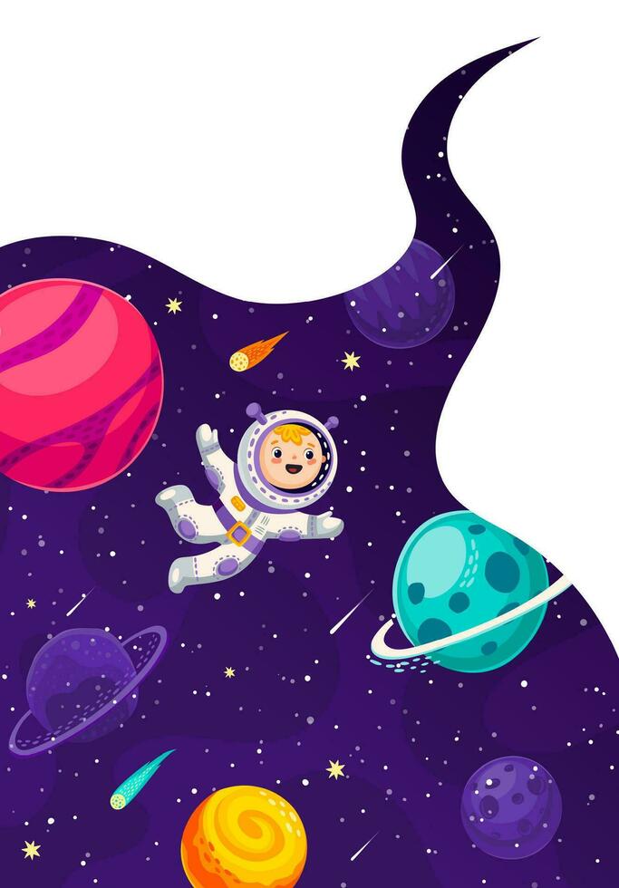 Cartoon kid spaceman in outer space landscape vector