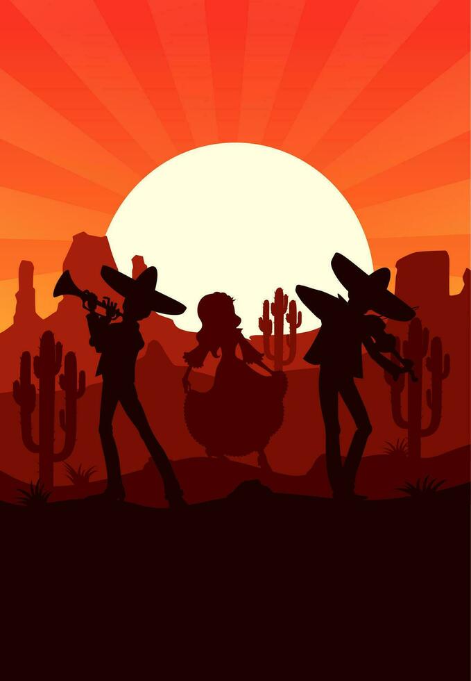 puesta de sol a mexicano desierto, Mariachi siluetas vector