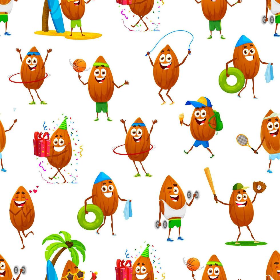 Cartoon almond nut characters seamless pattern vector
