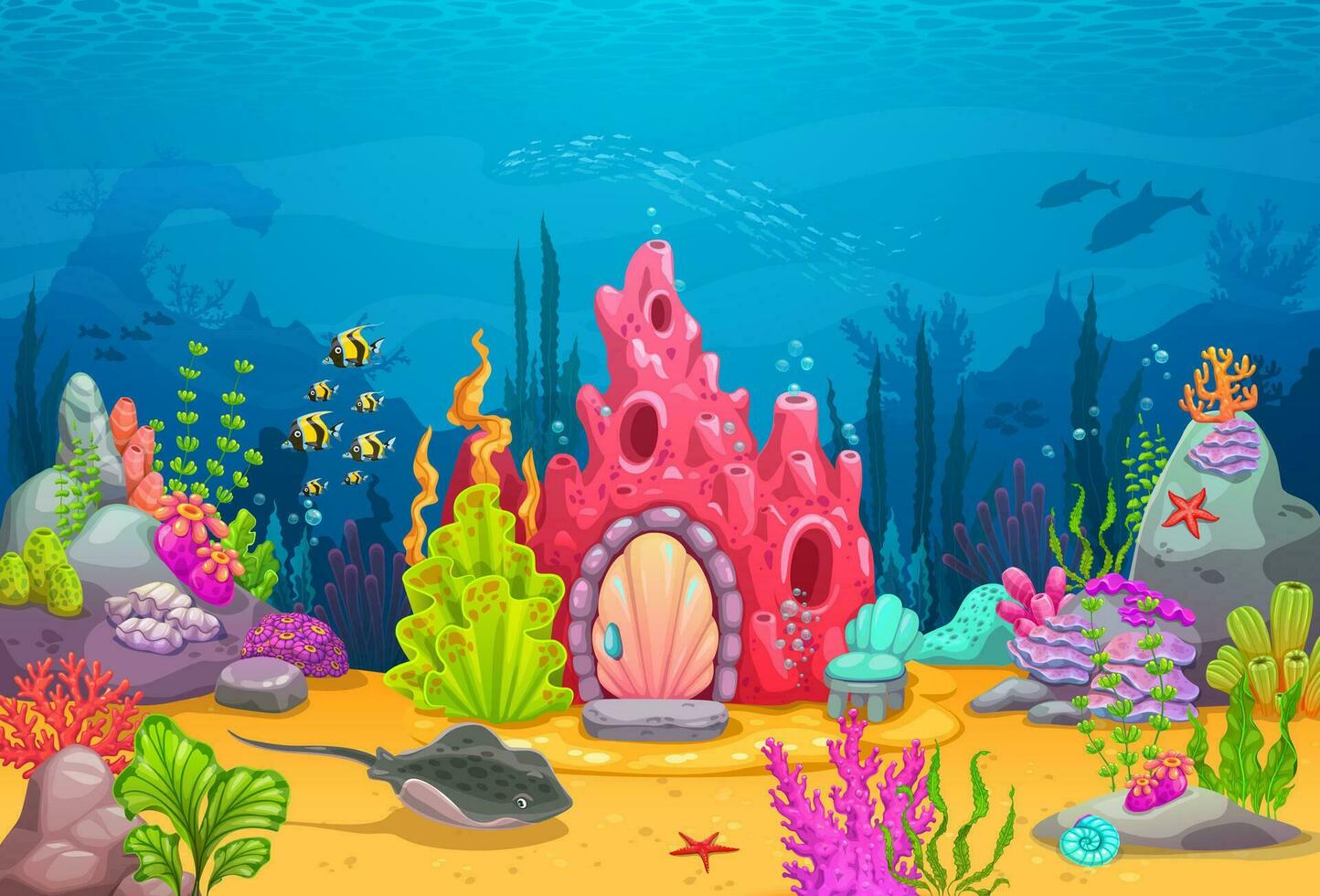 dibujos animados submarino paisaje cuento de hadas coral casa vector