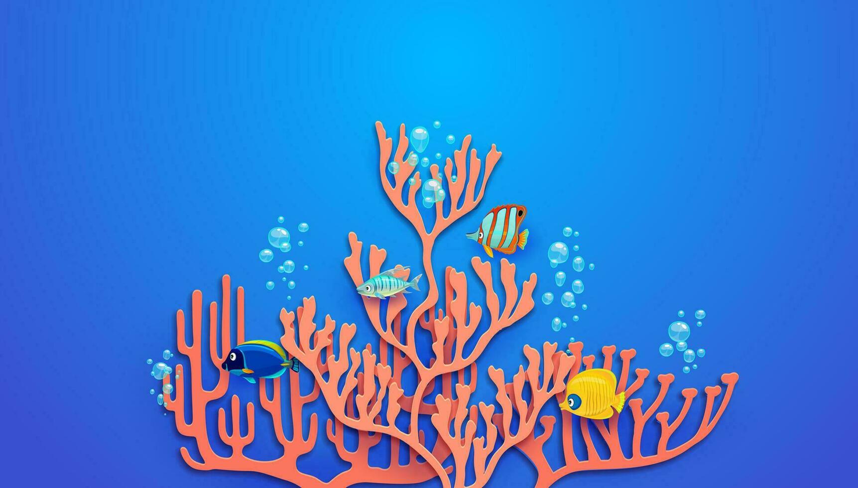 Sea paper cut corals, tropical fish and bubbles vector