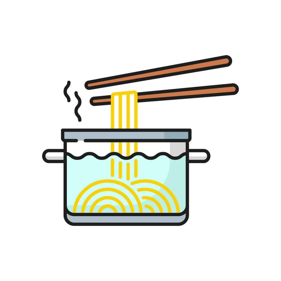 Noodles boiled in saucepan with chopsticks icon vector