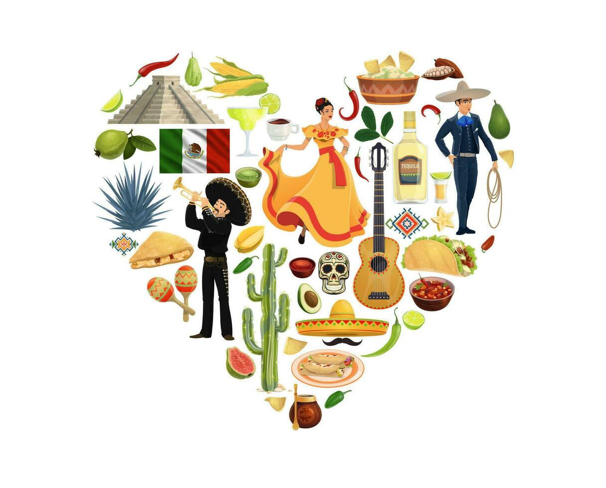 Mexico heart, national cuisine food, characters vector