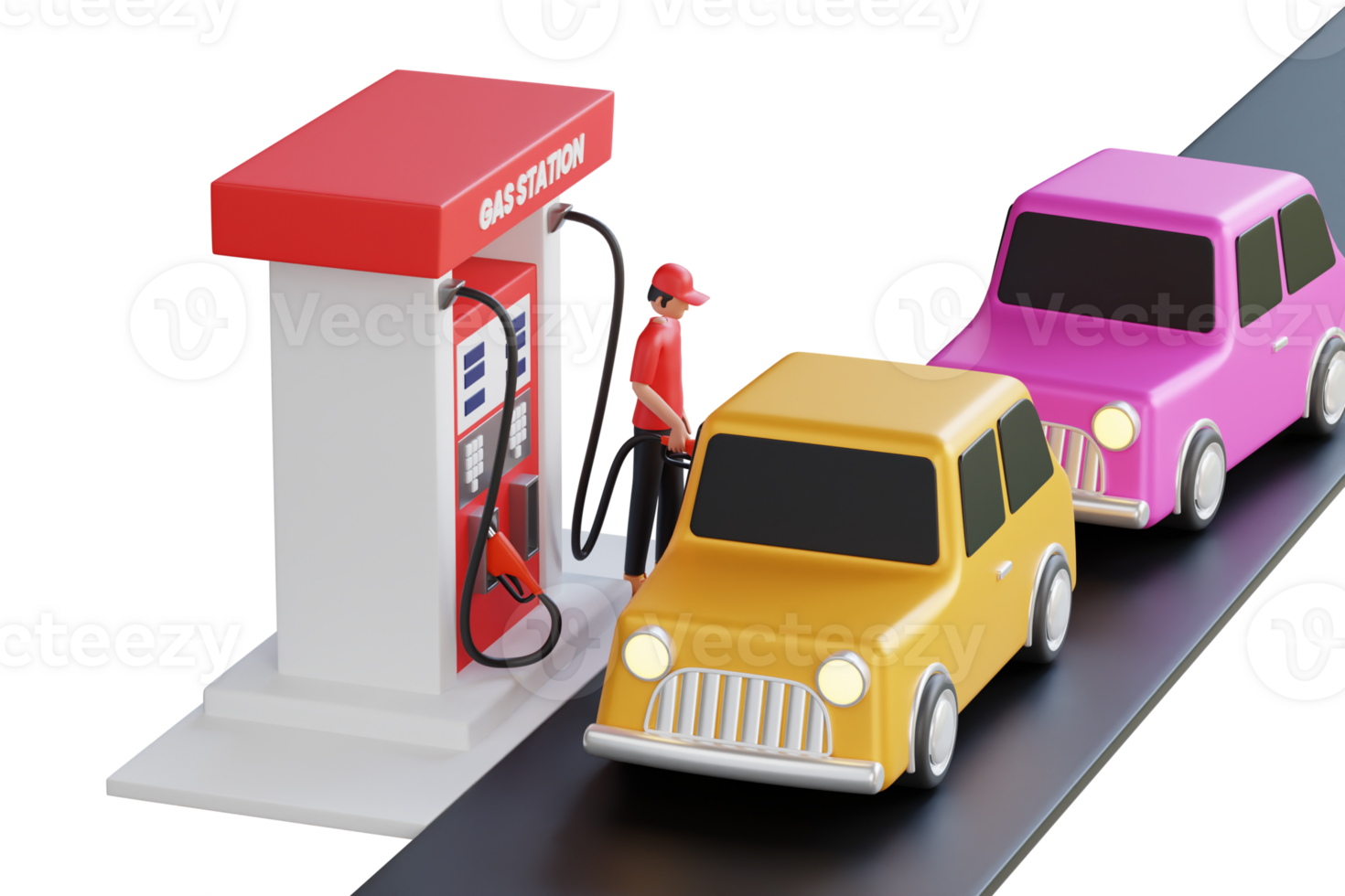 macchine in coda su a il gas stazione 3d illustrazione. auto a gas stazione essere pieno con carburante png