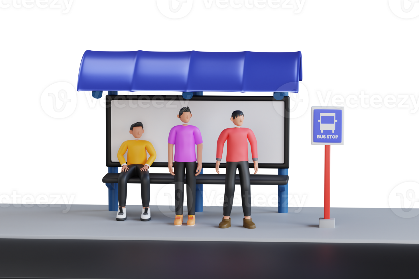 3d Illustration von Menschen warten auf Bus stoppen. Menschen Sitzung beim Bus Bahnhof. Passagiere verwenden Öffentlichkeit Transport Bedienung png