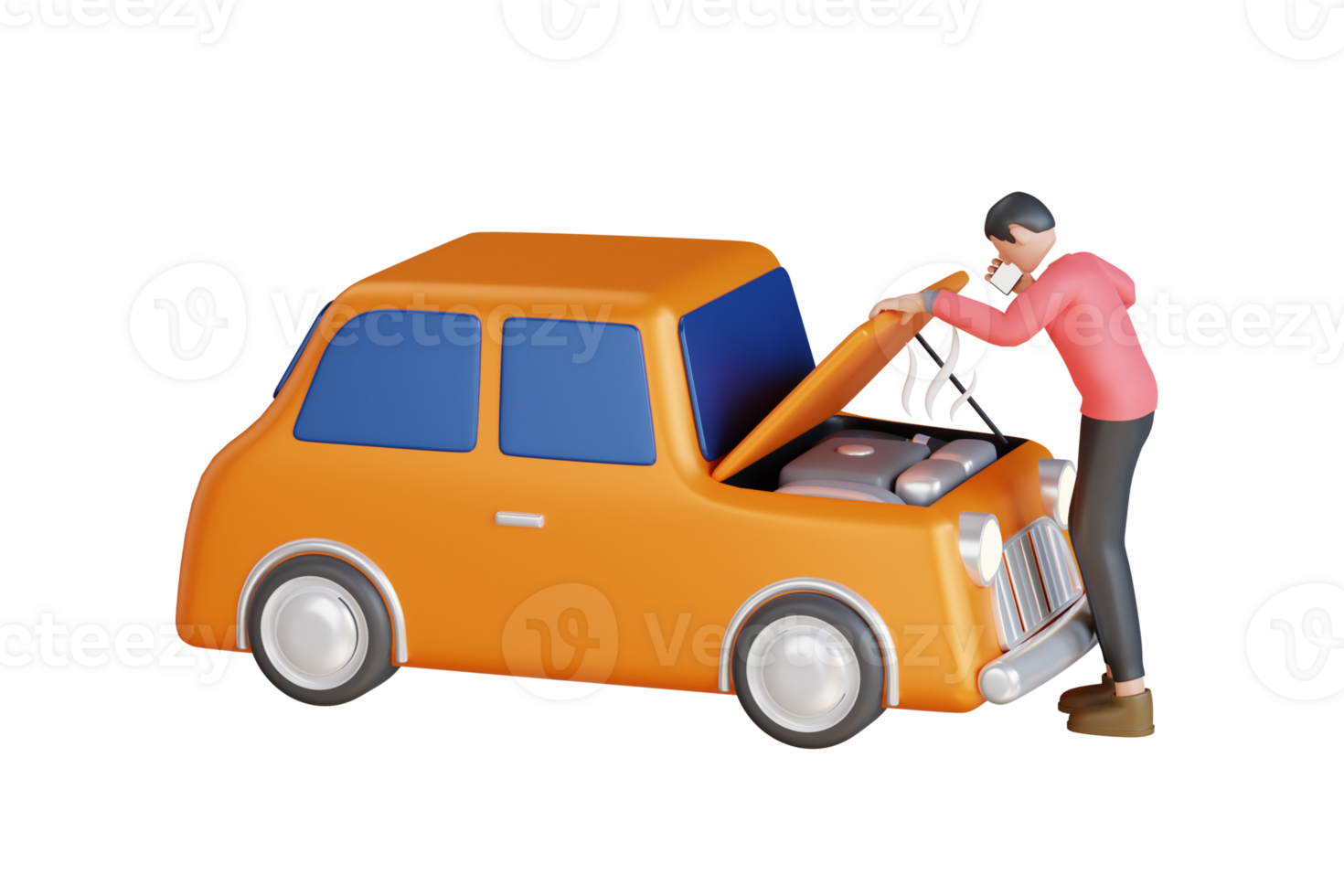 man calling for assistance with his car broken down by the roadside. Man call car service. 3d illustration png