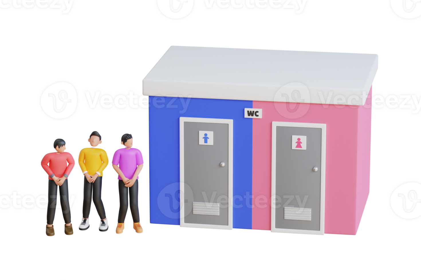 Queue to toilet 3d illustration. Public WC toilet. People waiting at WC door stand in line png
