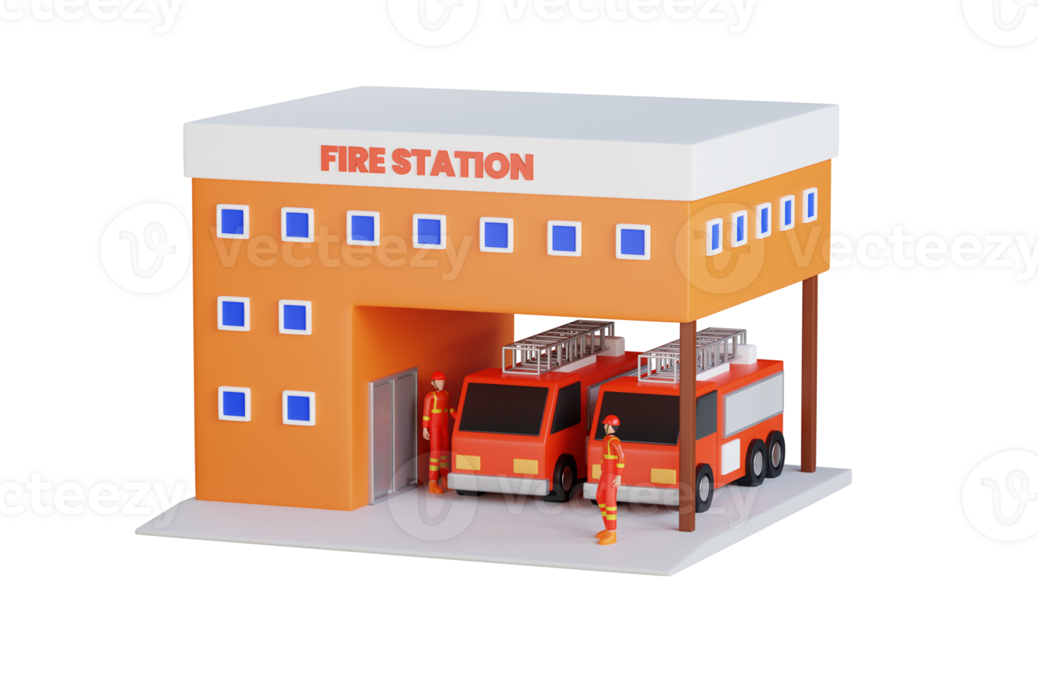 Fire station building 3d illustration. Fire station building exterior with fire engine trucks.  emergency fire truck 3d illustration png