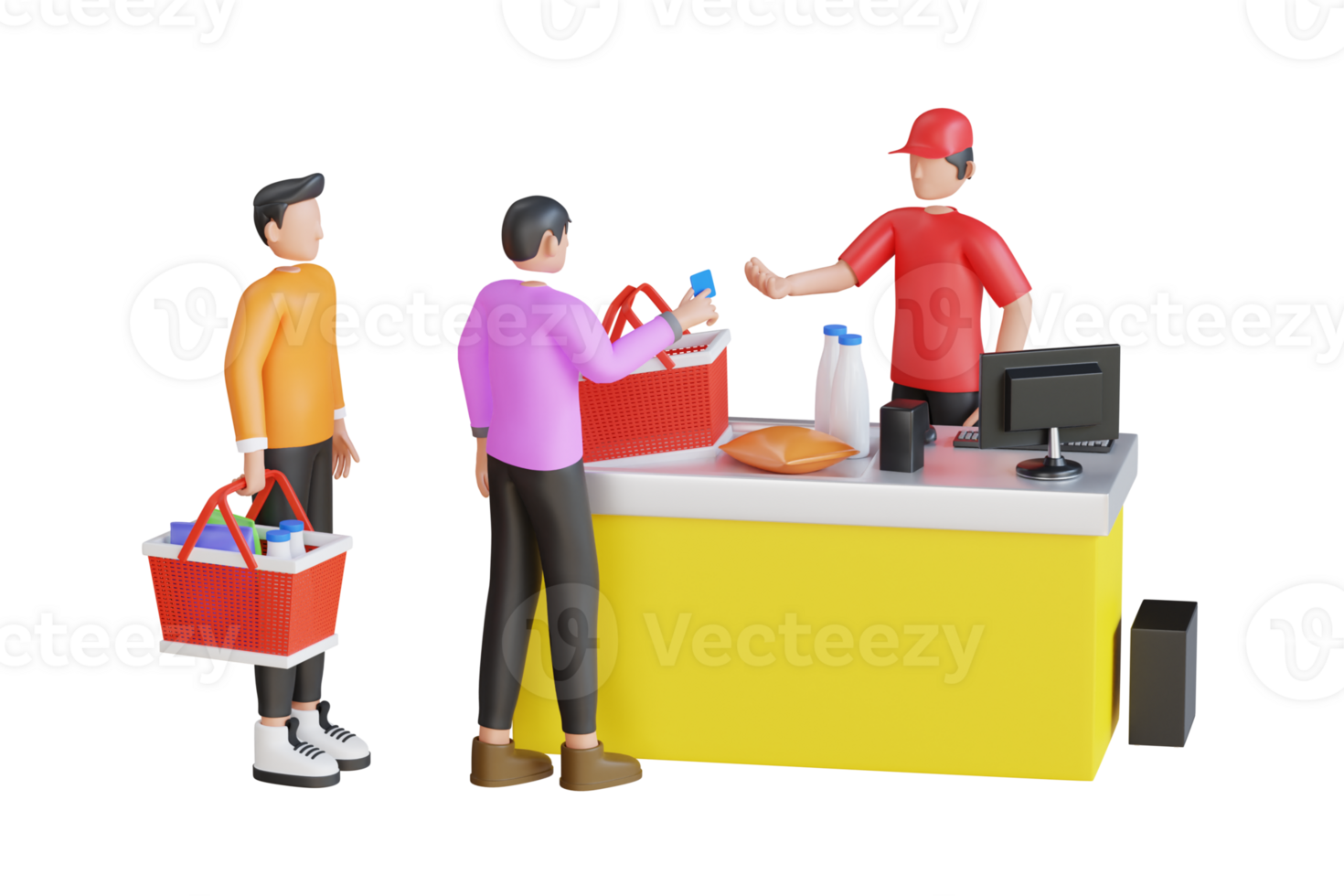 3d illustration of people standing in queue at store checkout counter. People in grocery store waiting to pay at cashier. Shopping Queue in Grocery market 3d Illustration png