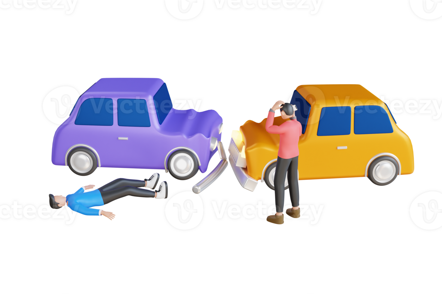 Car accident 3d illustration. Two cars collide on the road. Car crash on the street, damaged cars after collision png