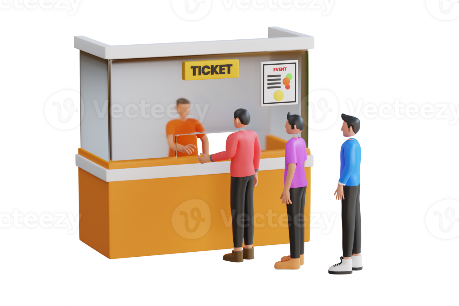 3d illustration of people stand in line to buy a ticket at counter. People buy ticket 3d illustration png