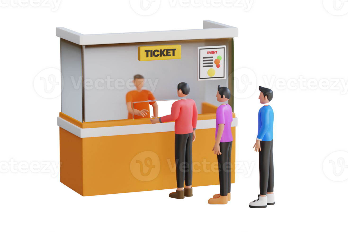 3d illustratie van mensen staan in lijn naar kopen een ticket Bij balie. mensen kopen ticket 3d illustratie png