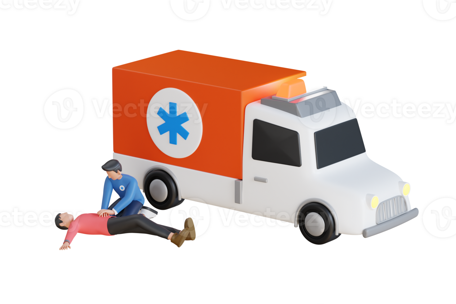 3d illustration of ambulance crew helping unconscious man on road. Emergency medical service at work. medic going to apply first aid png