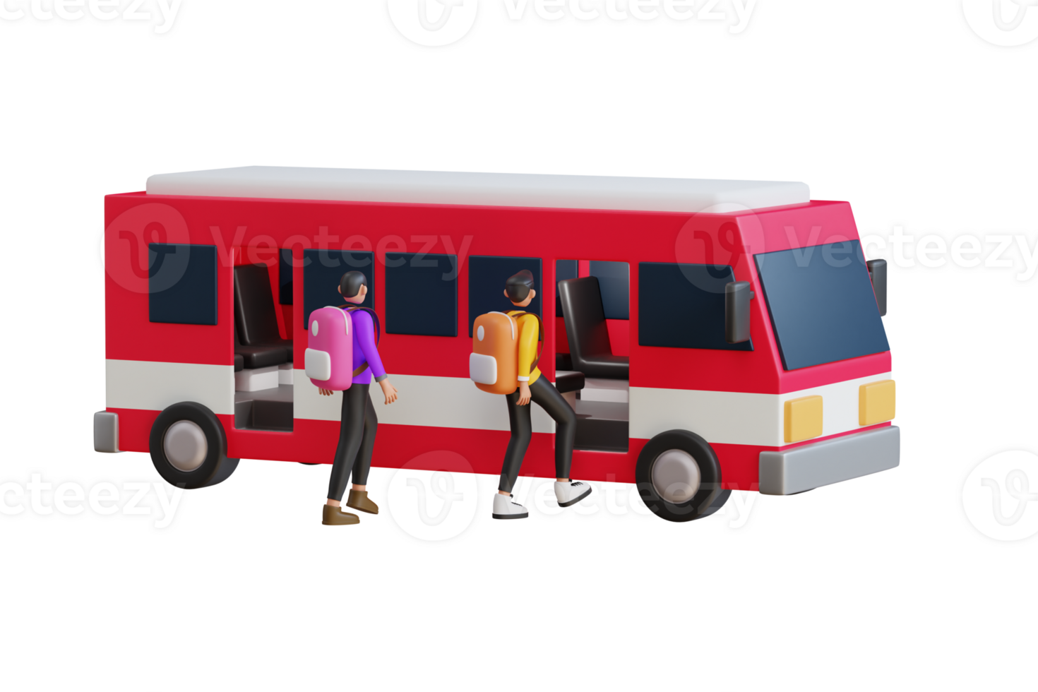 People getting on bus 3d illustration. people is standing in line and waiting to get in a bus. 3d illustration png