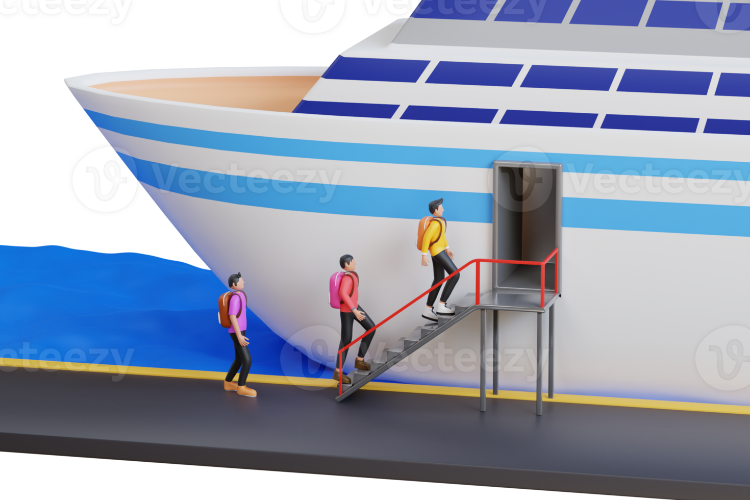 3d ilustración de pasajero embarque en crucero transatlántico cubierta. crucero Embarcacion con pasajeros hacer cola en el escalera a entrar png