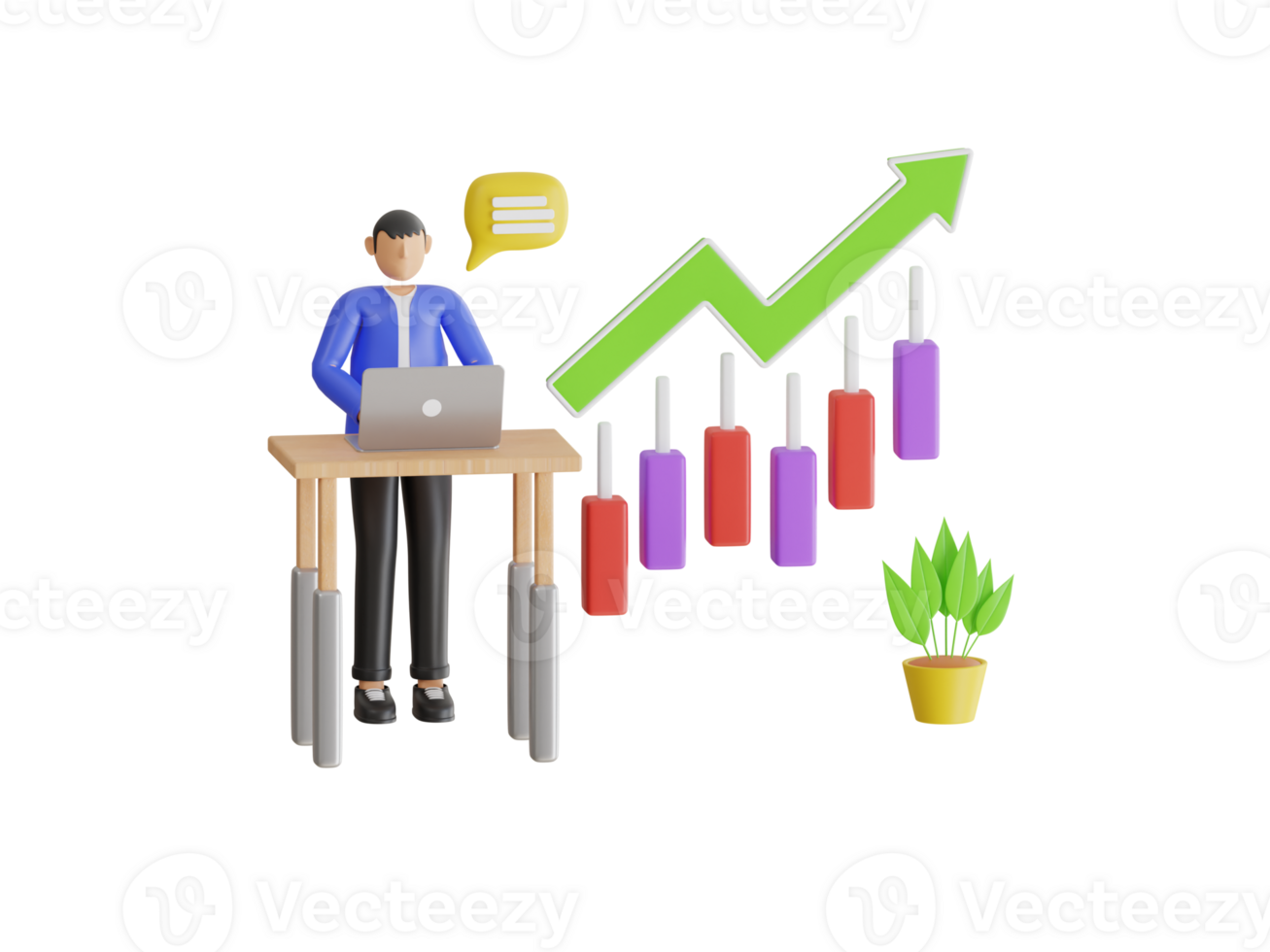 businessman present graph with high improvement bar chart. Growing Business infographics 3d illustration png