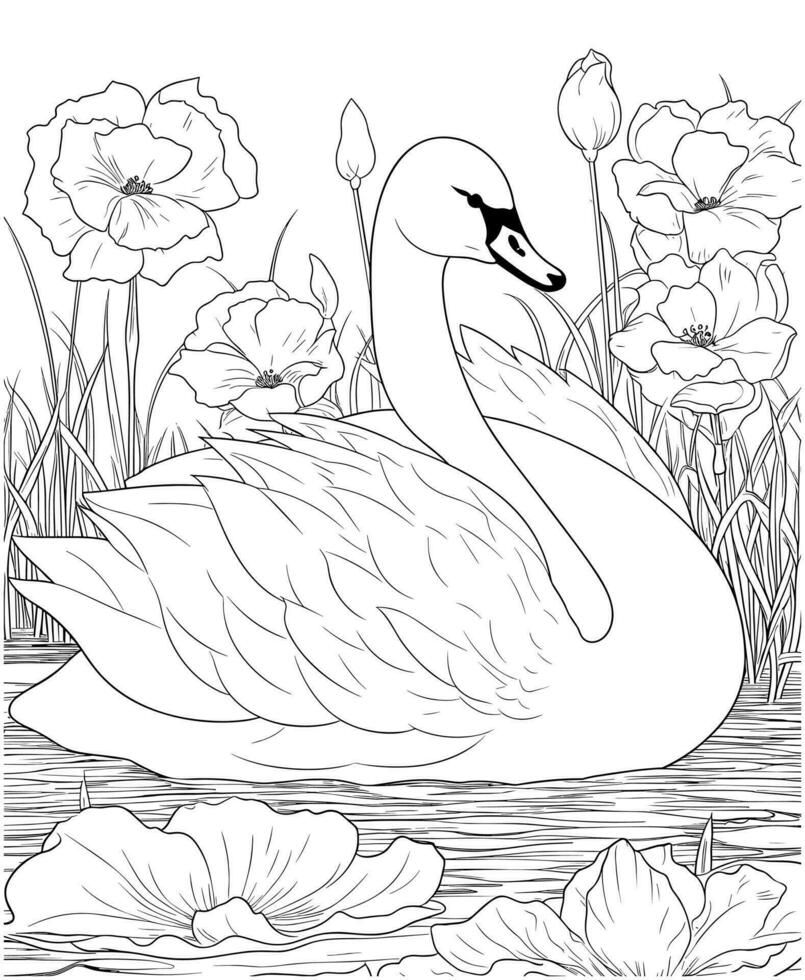 swan flower coloring page for adults vector