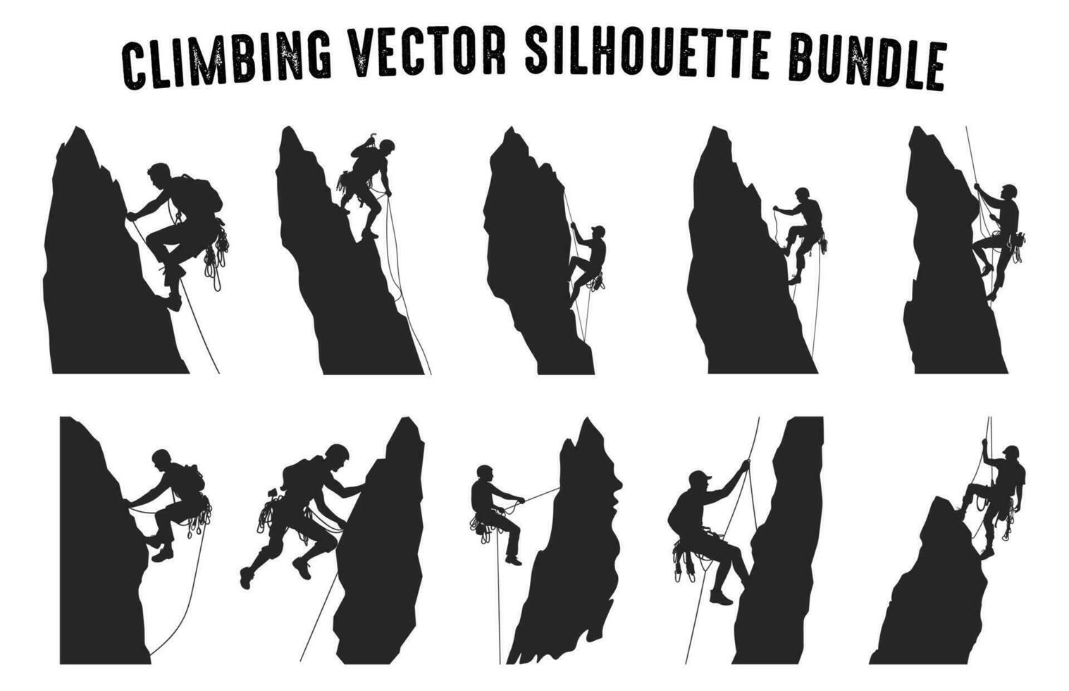 Climber Vector Silhouette Clipart Bundle, Mountain Climbing Silhouettes in different poses, Rock climber black silhouette Set