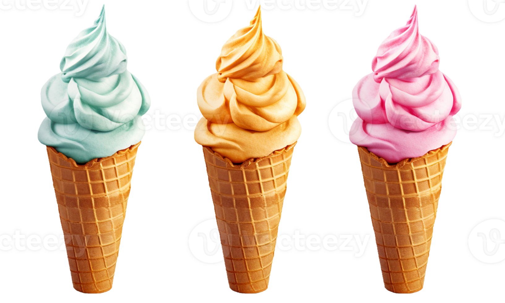 Realistic Three Ice cream assorted different flavour on waffle cone png