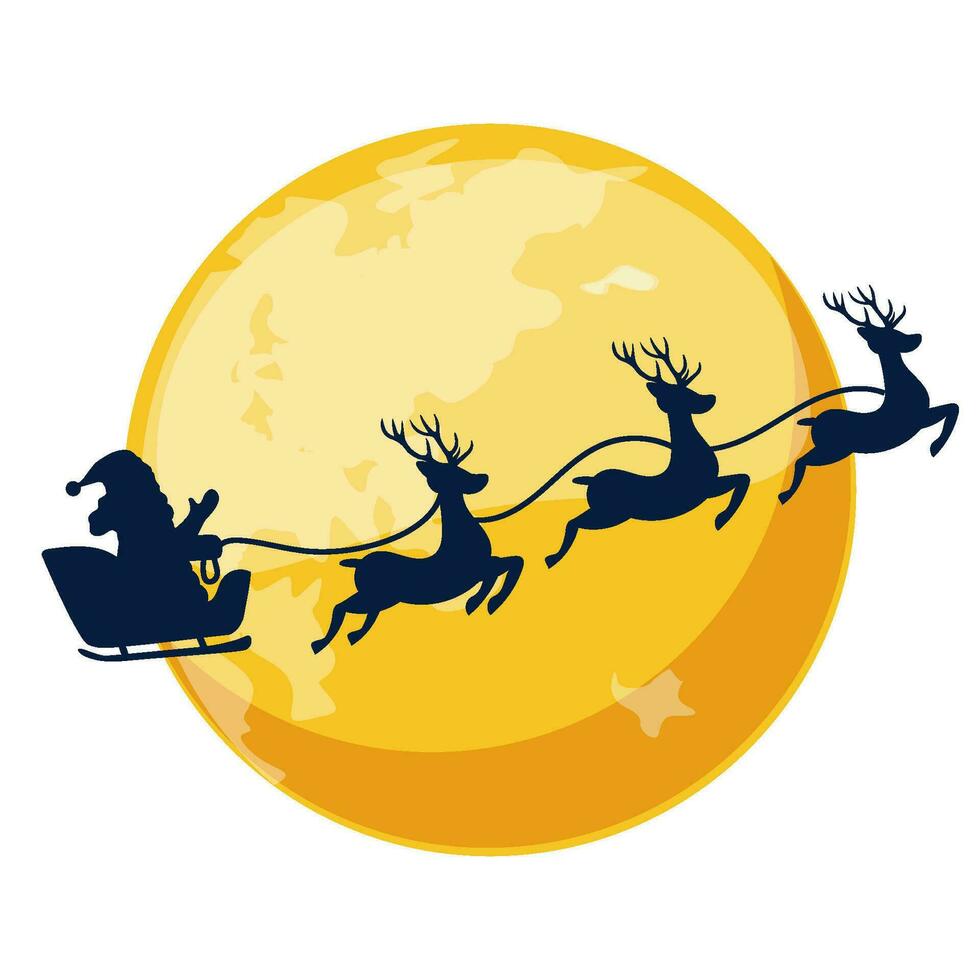 Cartoon orange night moon with the silhouette of Santa Claus in the sleigh. Christmas day. vector