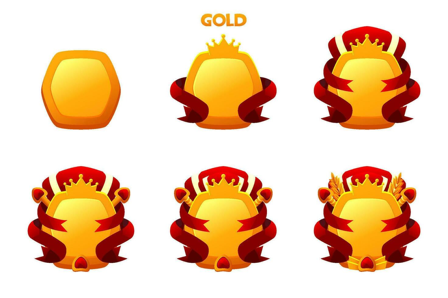 Game rank gem badge ui award achievement in vector. Cartoon level medal in golden. vector