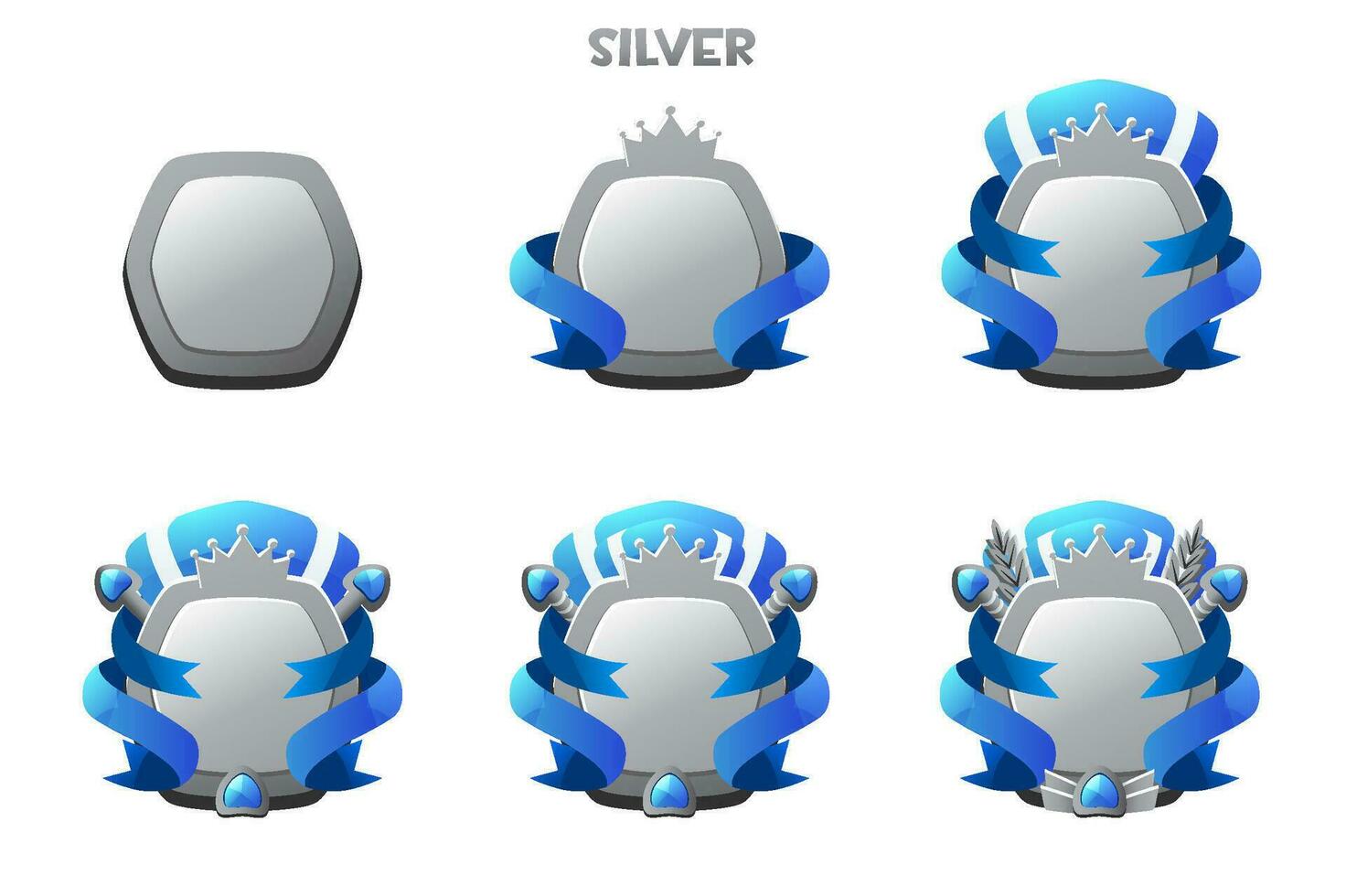 Game rank gem badge ui award achievement in vector. Cartoon level medal in silver. vector