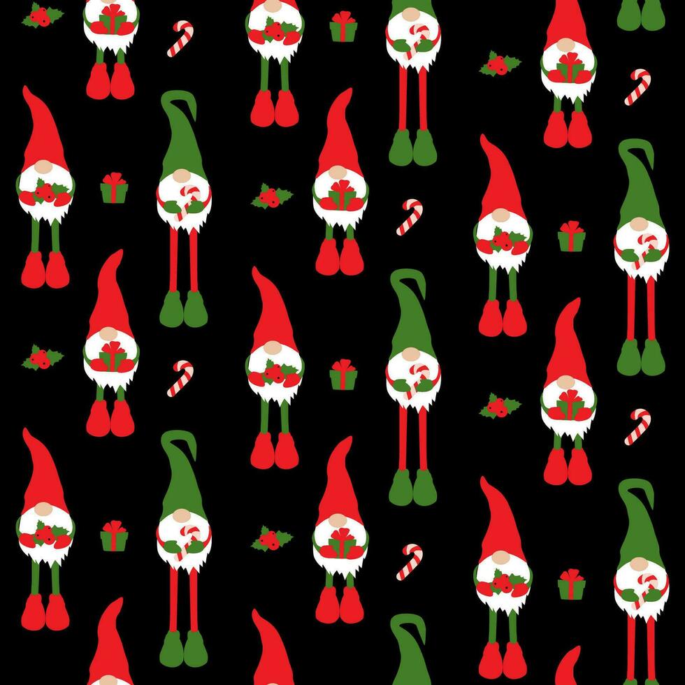 Cute Christmas pattern with gnomes. Seamless pattern with gnomes and Christmas things on black background vector
