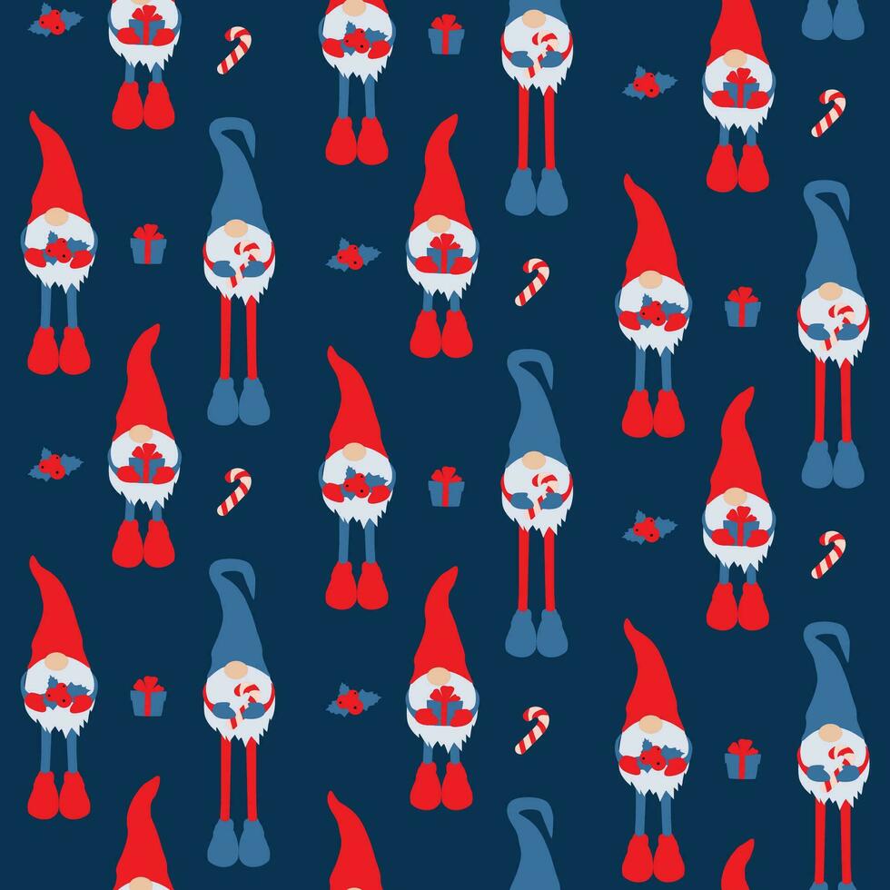 Christmas blue pattern with gnomes. Seamless pattern with gnomes and Christmas things vector