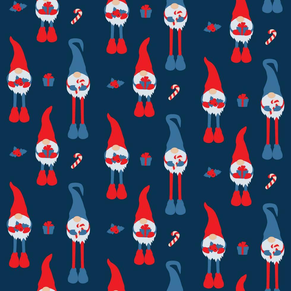 Christmas blue pattern with gnomes. Seamless pattern with gnomes and Christmas things vector