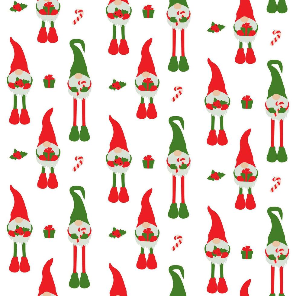 Seamless pattern with gnomes and Christmas things. Flat Christmas pattern with gnomes. vector