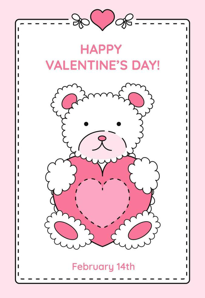 Valentine's Day greeting card with cute drawing of a teddy bear with pink heart in its hands, gift, postcard, banner, invitation poster. Vector illustration.