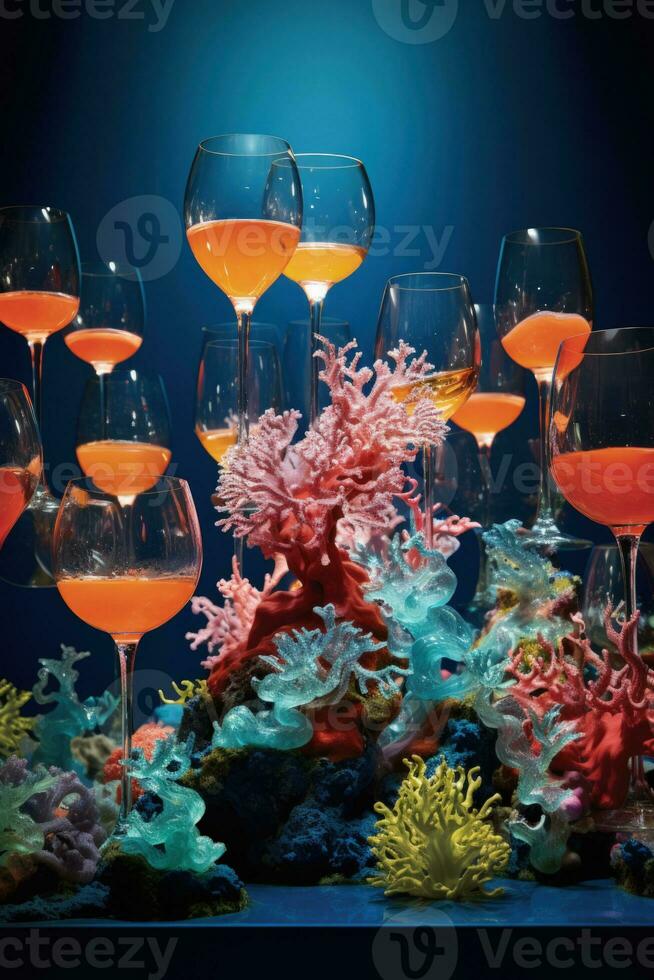 Intricate positioning of wine glasses in underwater environment captured in a palette of deep sea blue coral reef orange and marine green photo