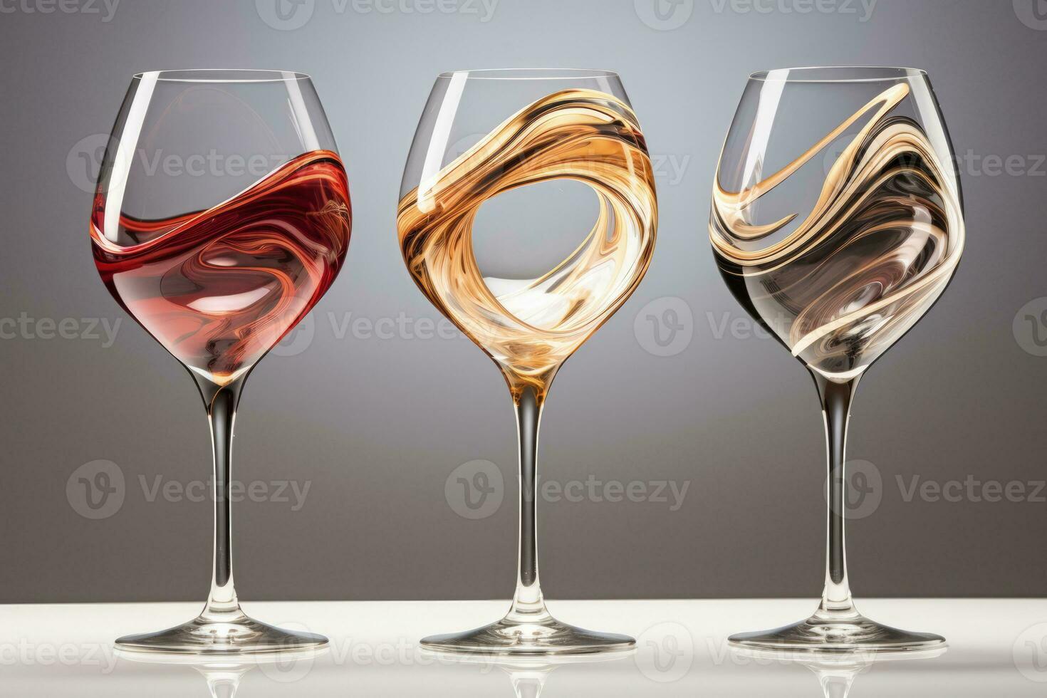 Liquid movements captured within tilting wine glasses portrayed in a palette of burgundy red champagne gold and crystal clear photo
