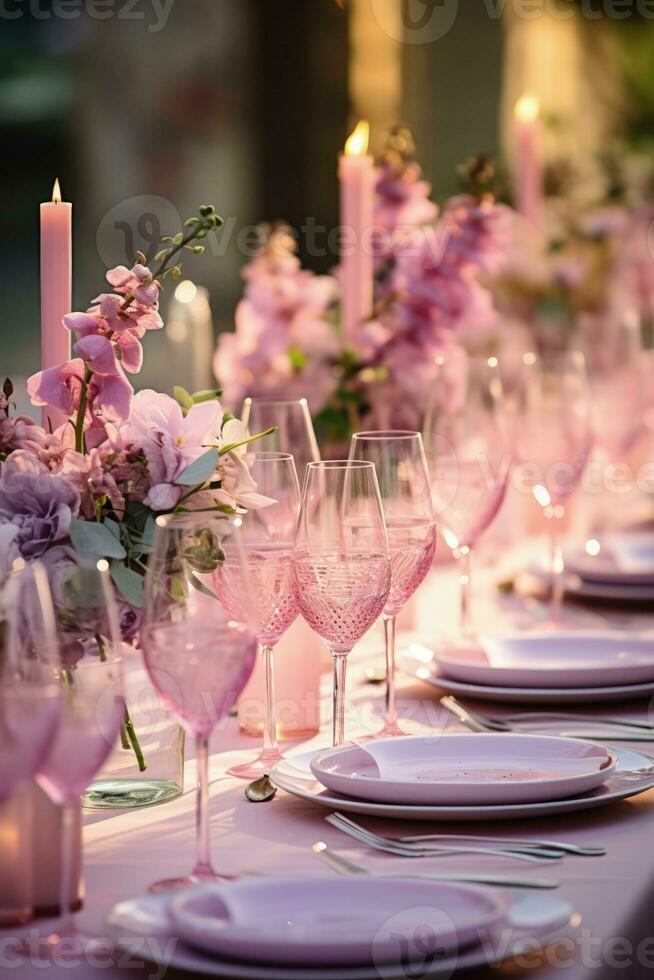 Wine glasses creatively arranged with exotic flowers and foliage captured in a palette of blush pink fresh mint green and soothing lavender photo