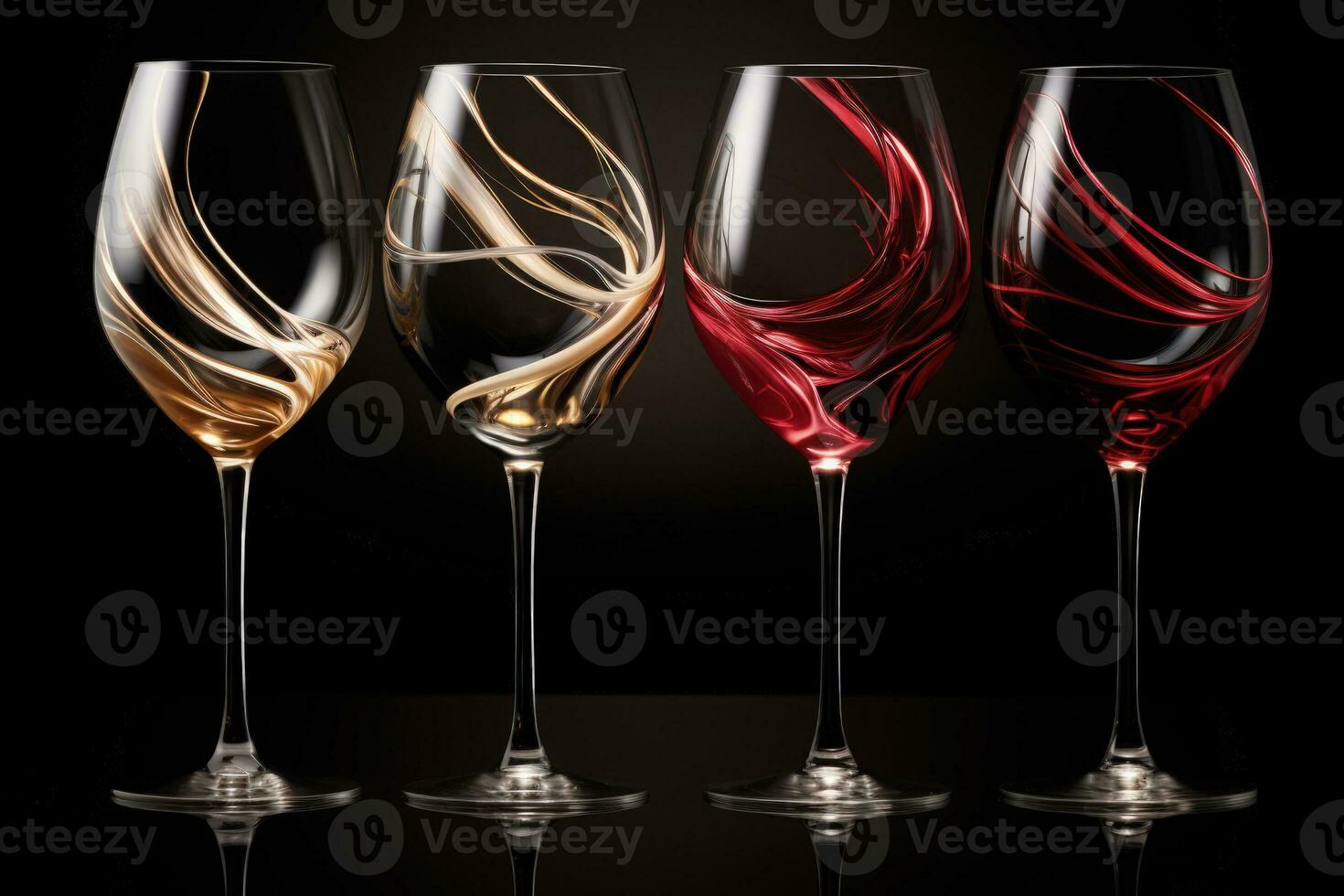 Liquid movements captured within tilting wine glasses portrayed in a palette of burgundy red champagne gold and crystal clear photo