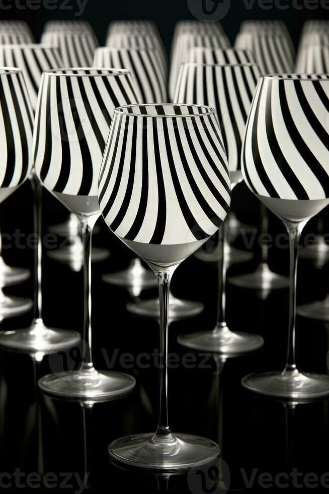 Optical illusion of monochrome patterns in wine glasses using striped backdrops captured in a palette of absolute black pure white and grayscale gradient photo