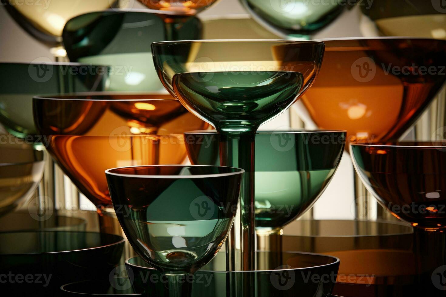 Empty wine glasses stacked in abstract sculptures captured in a palette of earthy brown forest green and misty grey photo