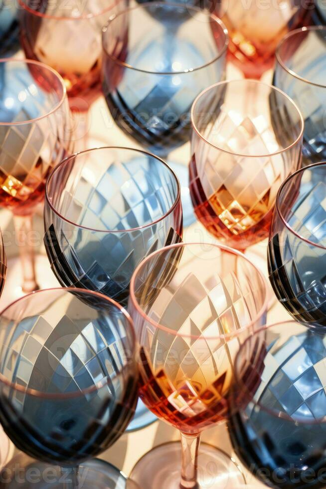 Wine glasses forming unexpected patterns with colored shadows captured in a palette of faded denim blue antique rose pink and amber orange photo