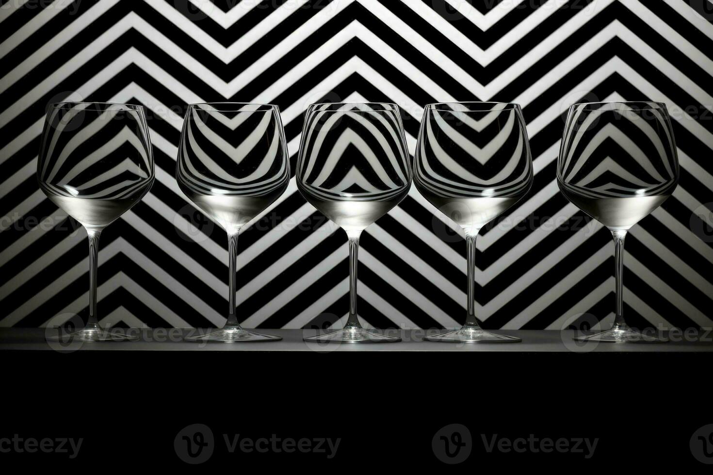 Optical illusion of monochrome patterns in wine glasses using striped backdrops captured in a palette of absolute black pure white and grayscale gradient photo