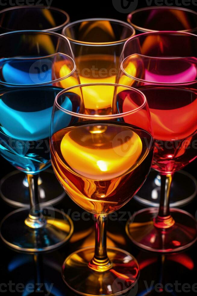 Manipulated light refraction through wine glasses carrying different liquids captured in a palette of radiant ruby red sapphire blue and topaz yellow photo
