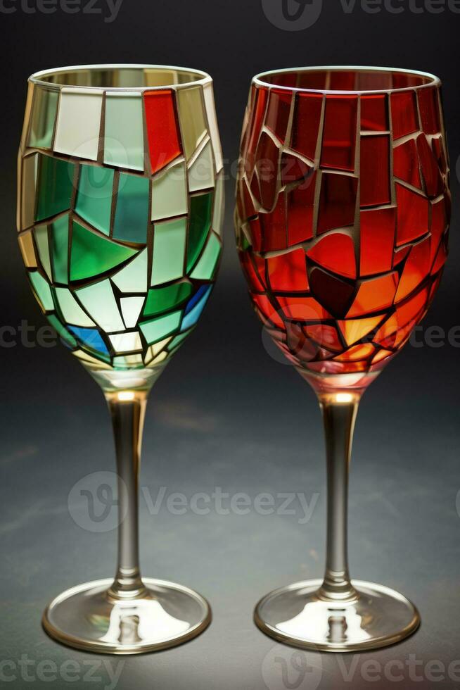 Deconstruction and reconstruction of wine glasses creating intricate mosaic forms captured in a palette of stained glass green cathedral red and mosaic blue photo